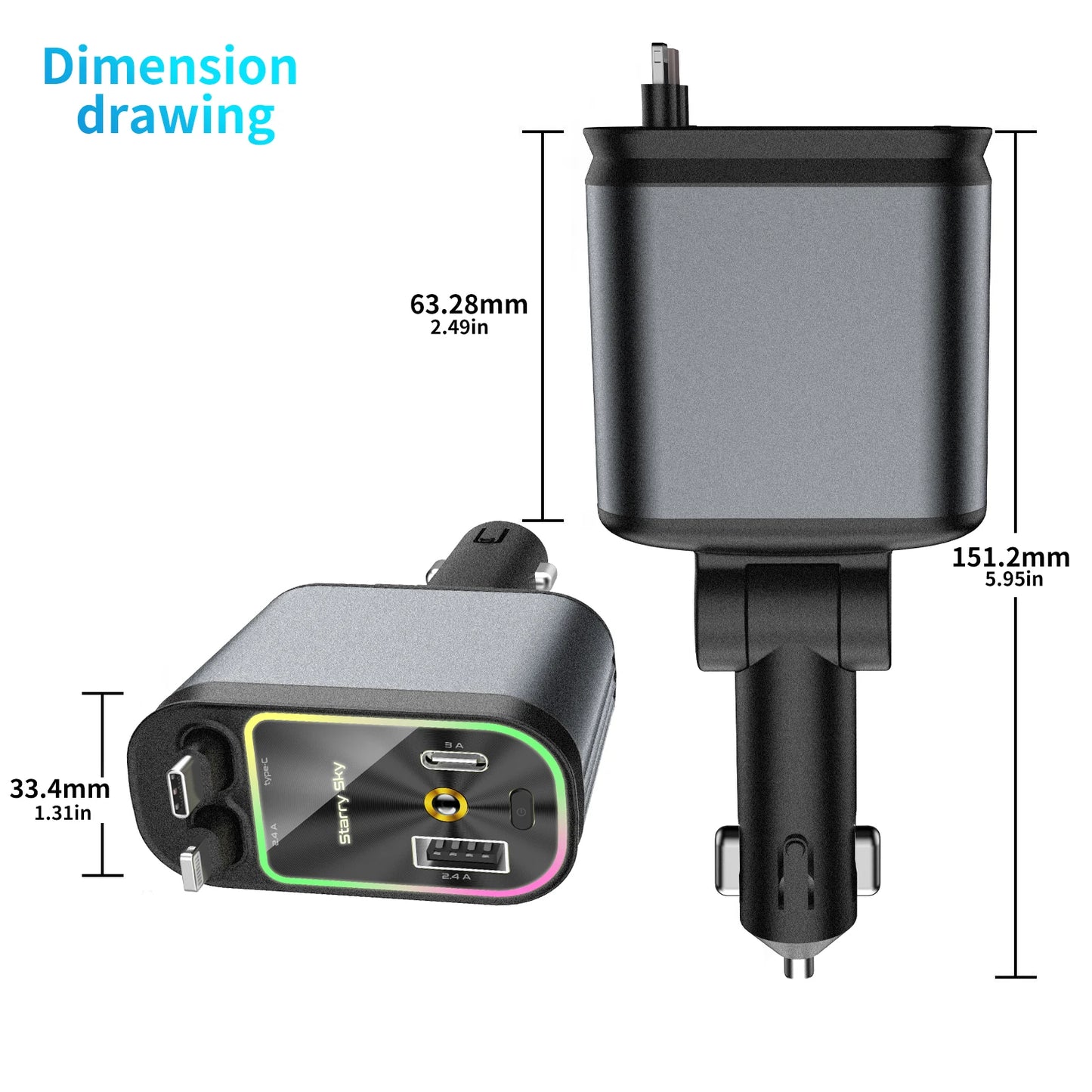 Forevtech 4-in-1 30W Car Retractable Fast Charger With Roof Starlight