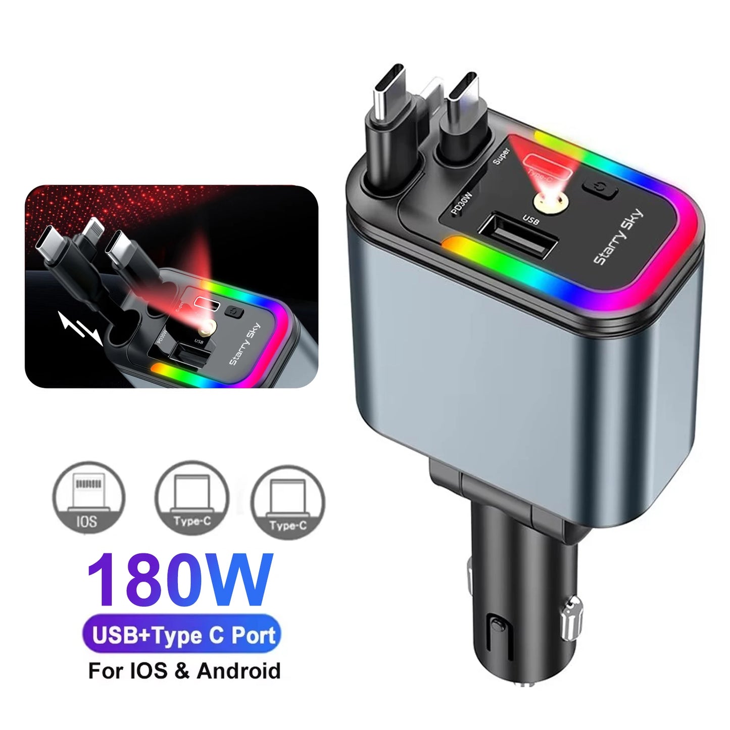 Forevtech 4-in-1 30W Car Retractable Fast Charger With Roof Starlight