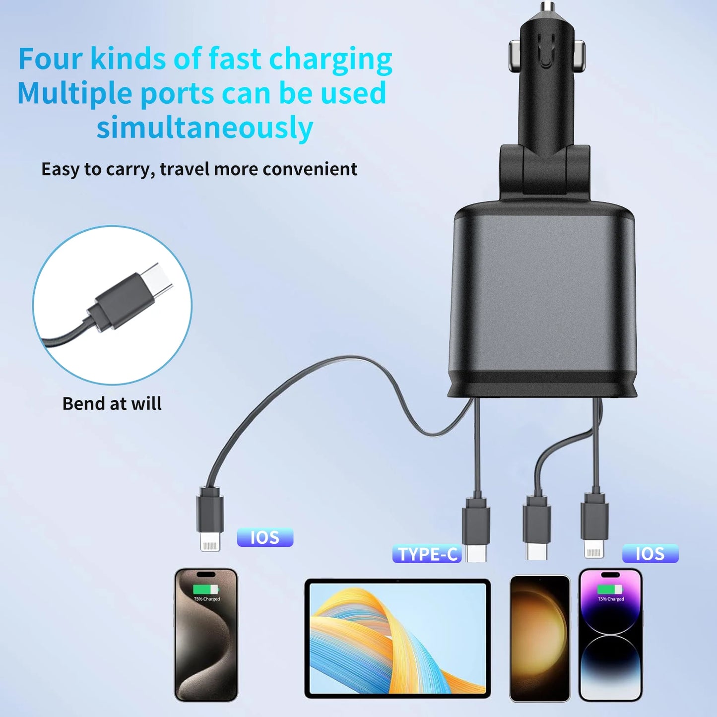 Forevtech 4-in-1 30W Car Retractable Fast Charger With Roof Starlight
